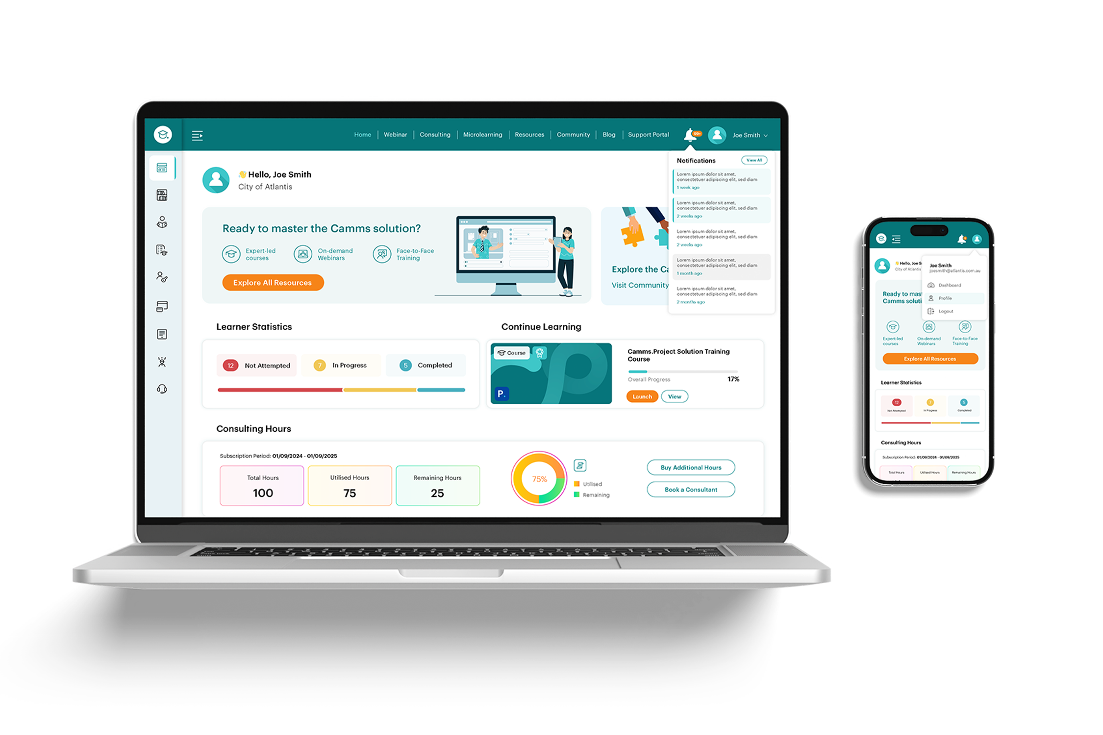 Figure 1.5: Improved Navigation: Enhanced menus and upgraded widgets, like the Consulting Hours area, make it even easier to move through the platform and access the support you need.