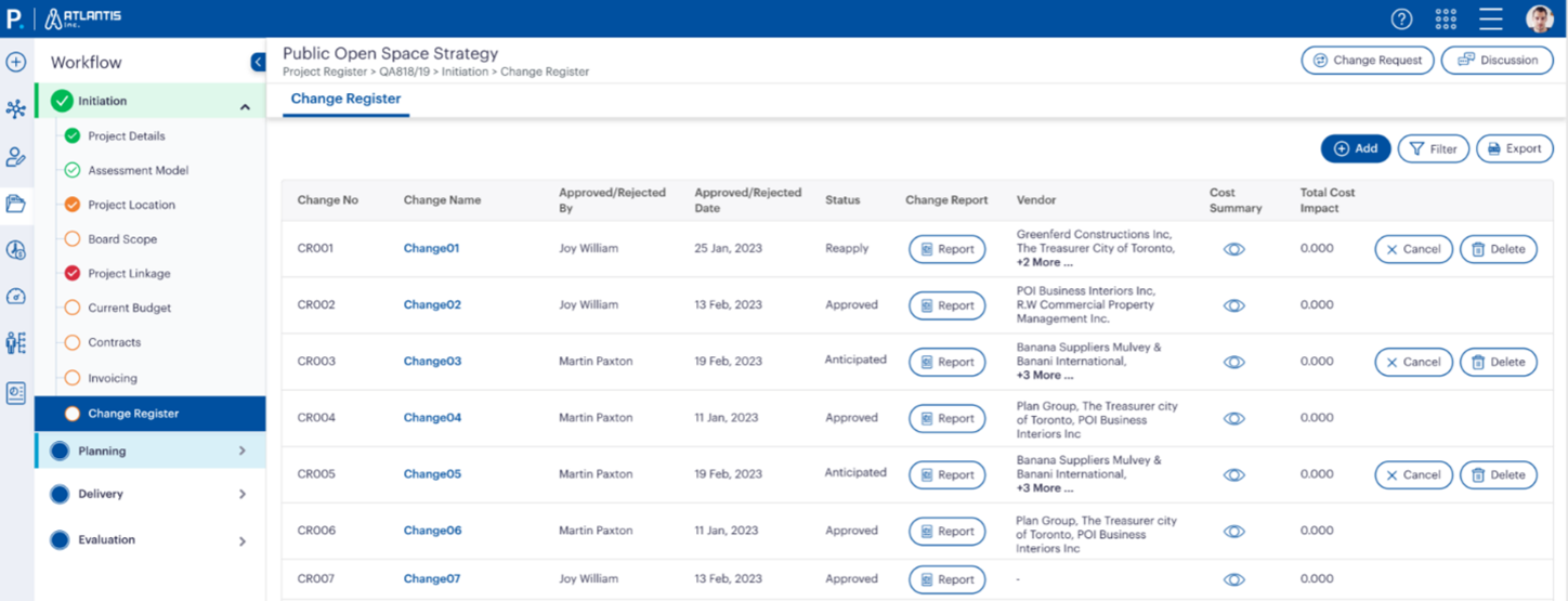 Figure 1.1: Change Register - – View a consolidated summary of all requested changes across projects and business units.