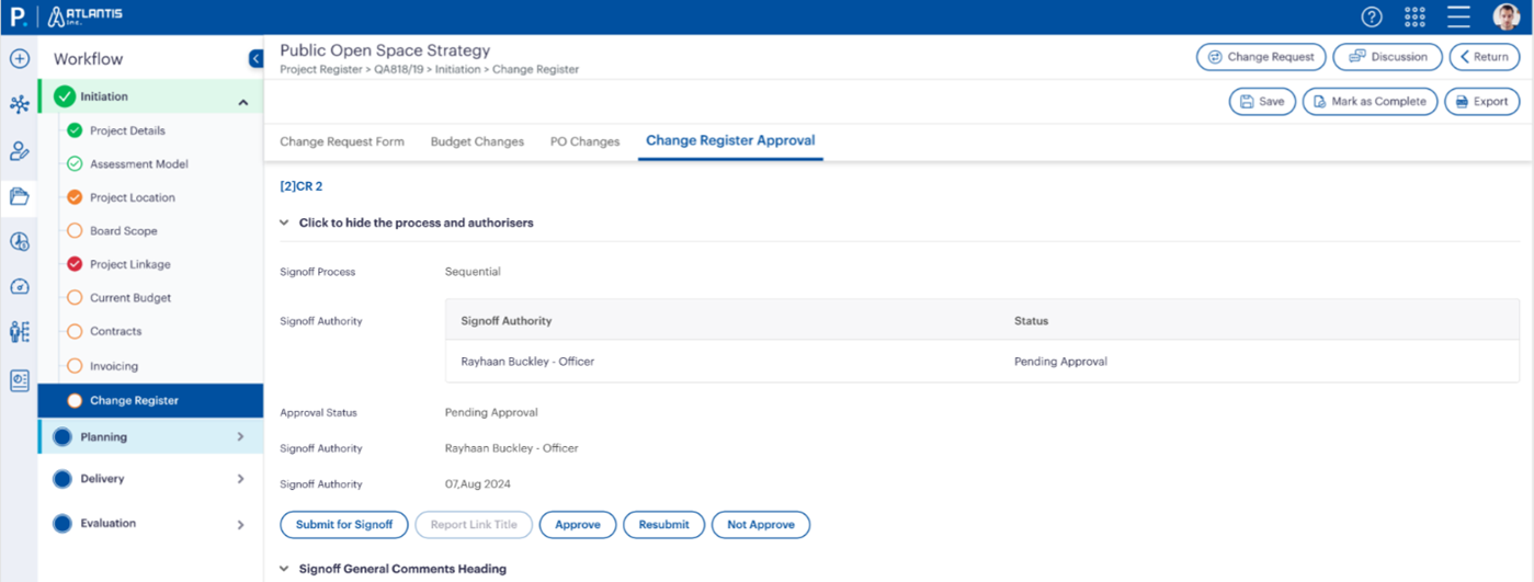 Figure 1.5: Change Approval Workflow – Manage approvals for requests, including budget revisions and scope adjustments, with clear progress tracking.