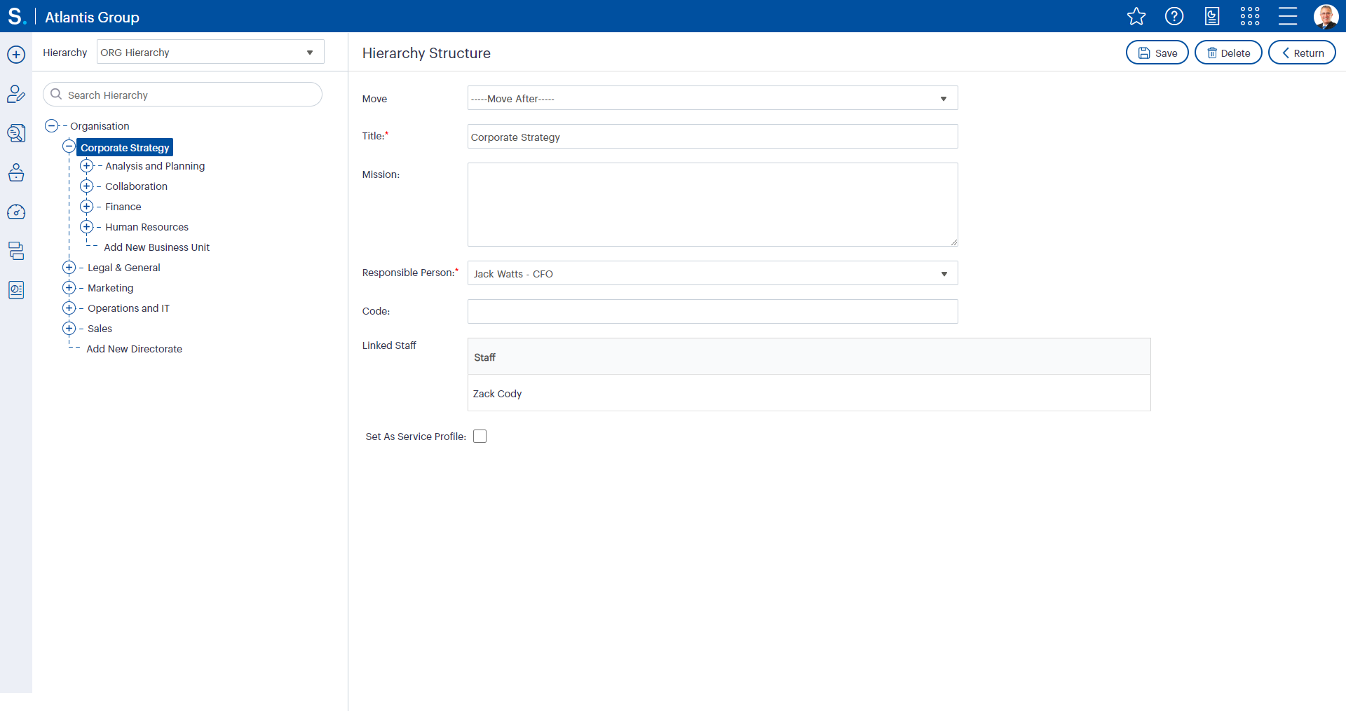 Figure 1.2: Organisational Hierarchy Setup: An image showing the user linking feature, where administrators set up managers by linking them to specific directorates or business units.