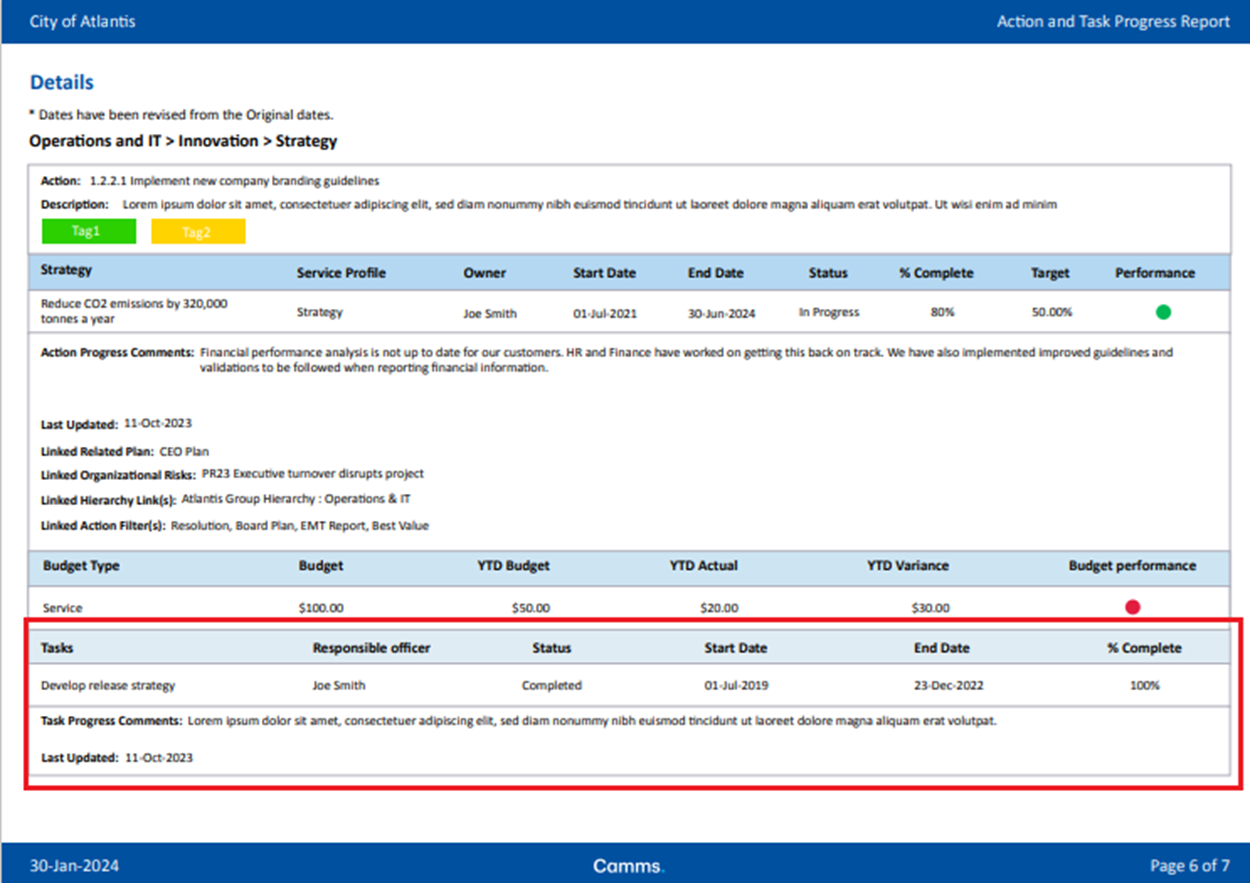 Figure 1.5: The new 'Action and Task Progress Report' features an overview section that provides a concise summary of Action Statuses, Action Performance, and Task Statuses.