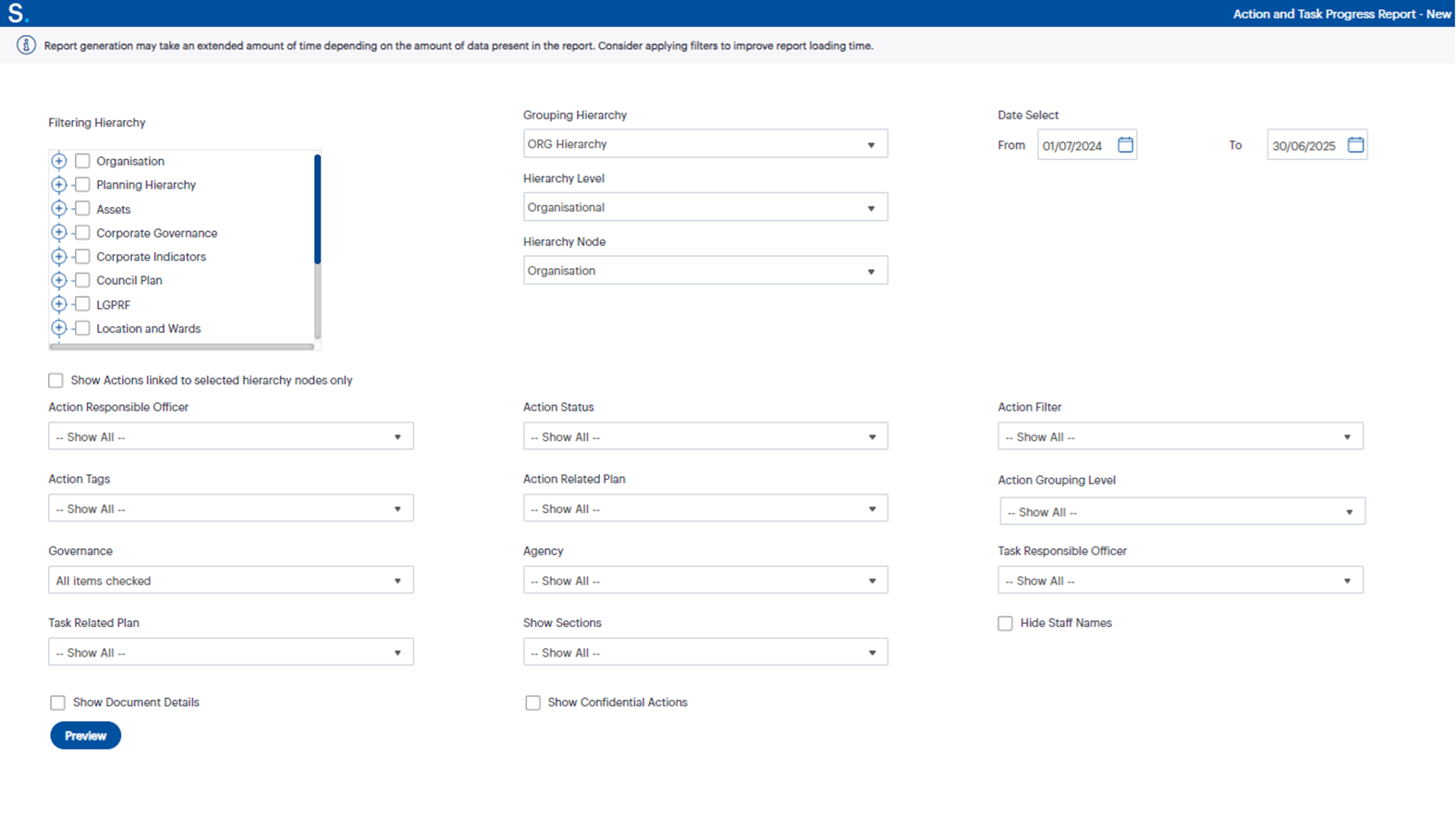 Figure 1.6: Here’s a look at the Parameters page of the new 'Action and Task Progress Report’ in Camms.Strategy.