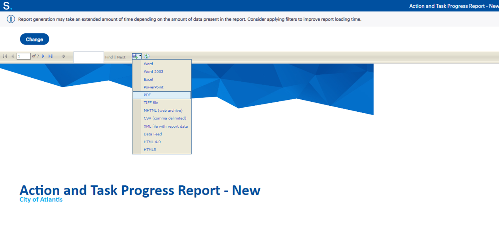 Figure 1.7: The image shows the export options available. Please note that each report has a recommended export format, such as PDF for the 'Action and Task Progress Report' and Excel for the 'Risk Register Report.' Using a different format may cause display issues (e.g., exporting the 'Action and Task Progress Report' to Word may result in layout problems).